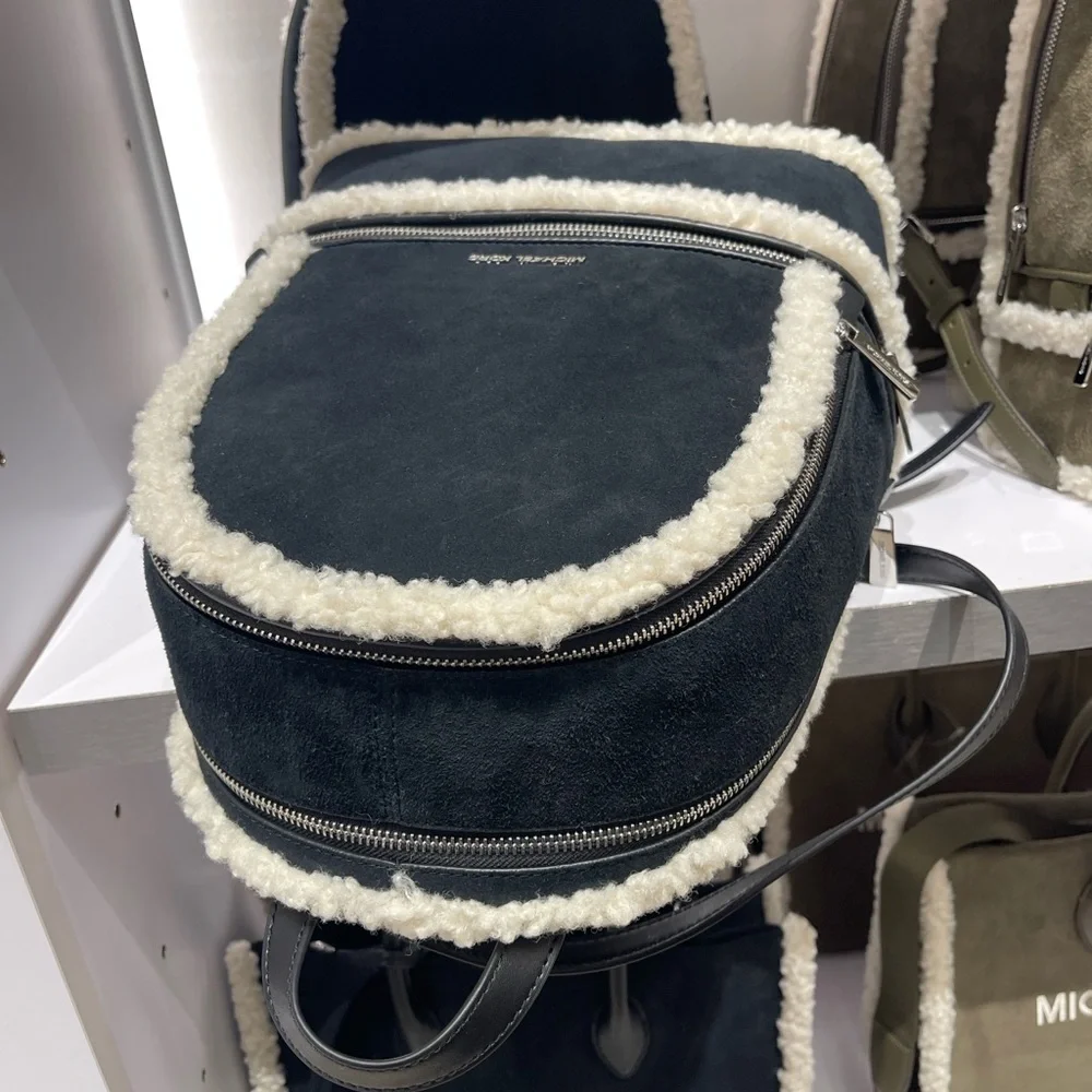 MICHAEL KORS Rhea Medium Suede and Faux Shearling Backpack Black NWT
